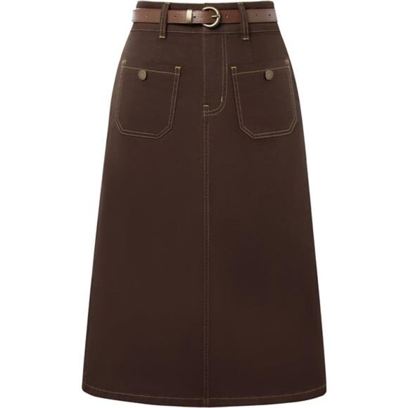 Denim Skirt with Belt Knee Length Jean Skirts Coffee - Picture 1 of 6